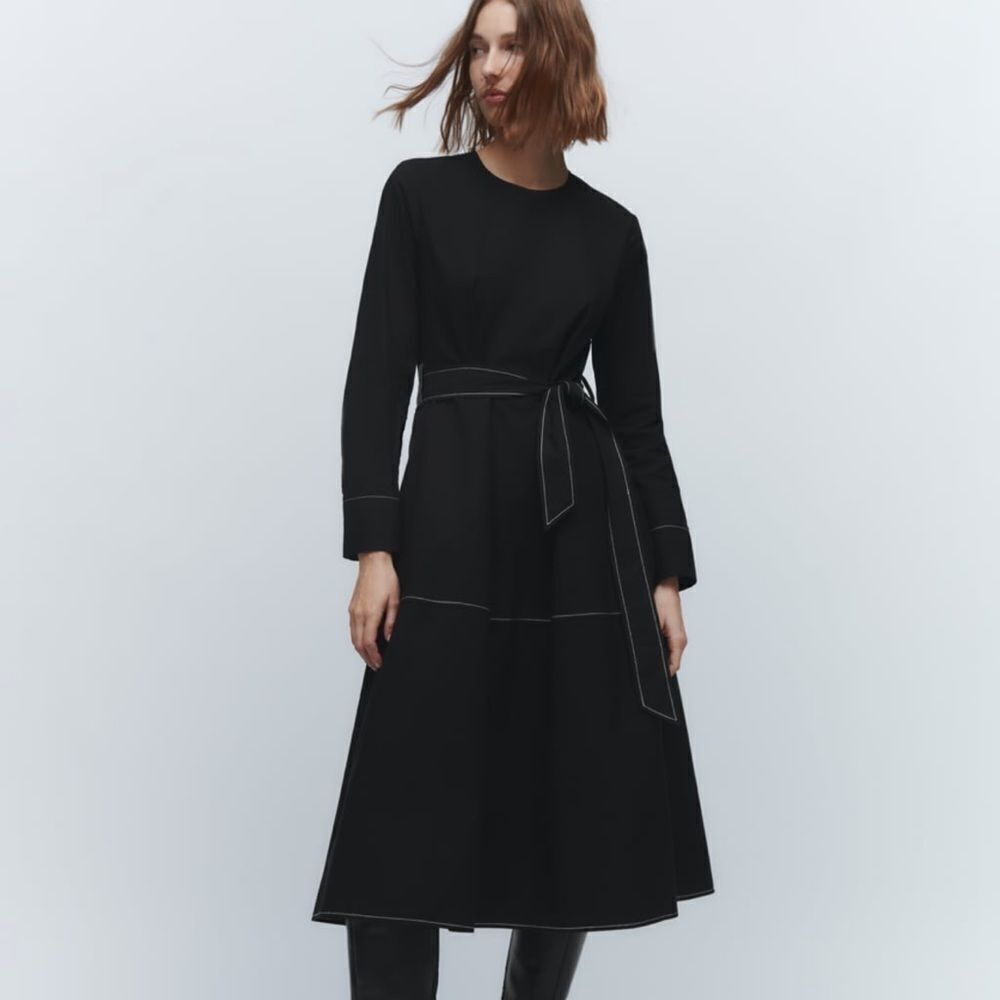 Zara black belted dress with contrast top stitching NWT